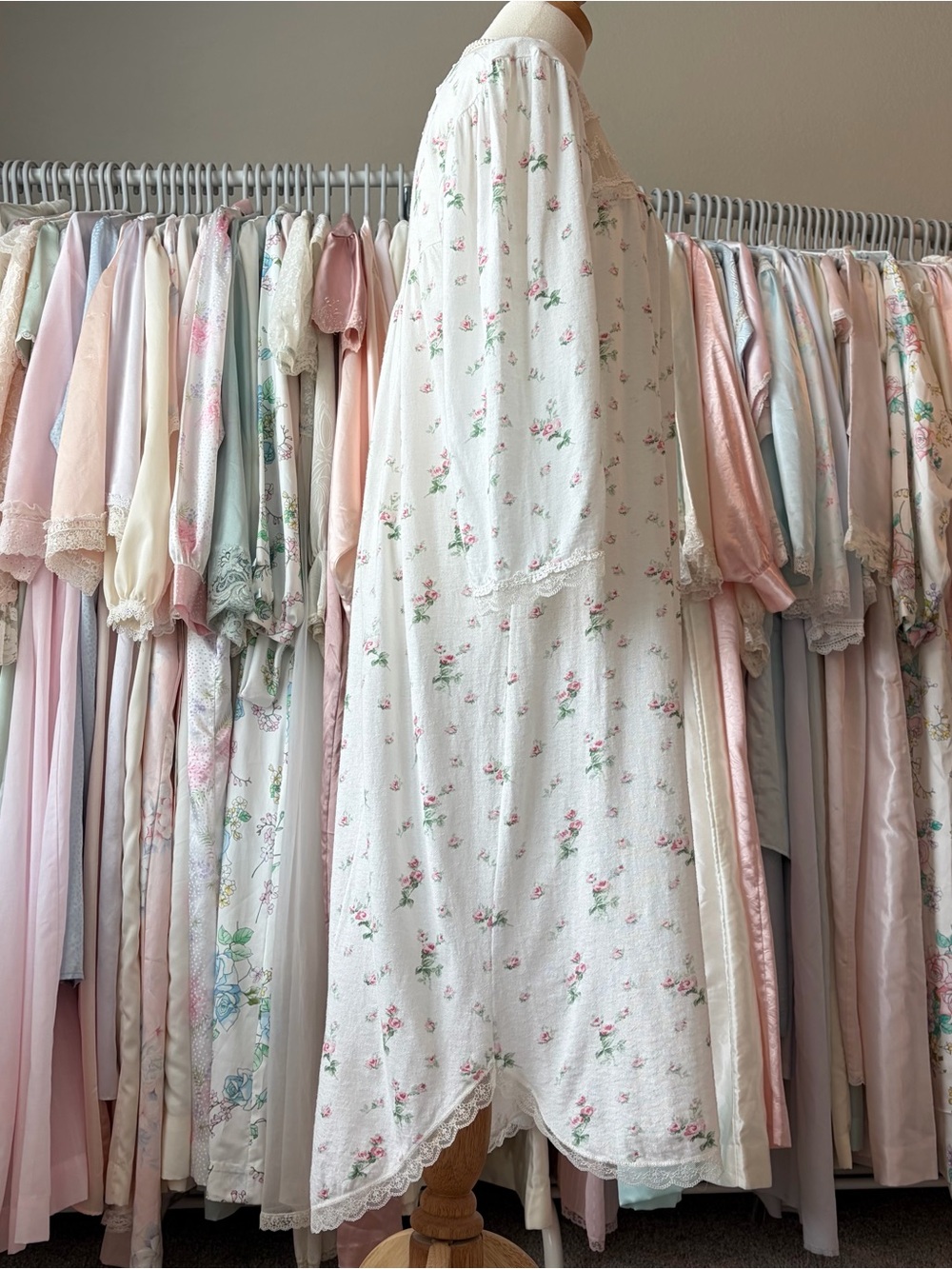 vintage Christian Dior white cotton pink floral nightgown with lace trim